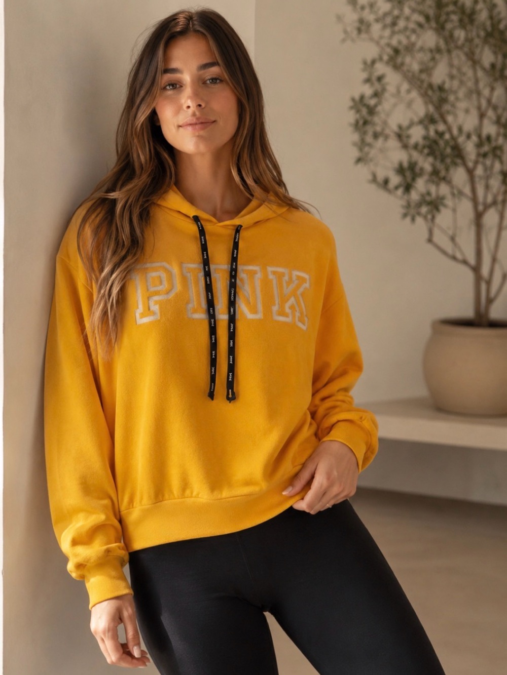 PINK Victoria’s Secret Cowl Neck Hoodie Mustard Yellow Logo Sweatshirt S
